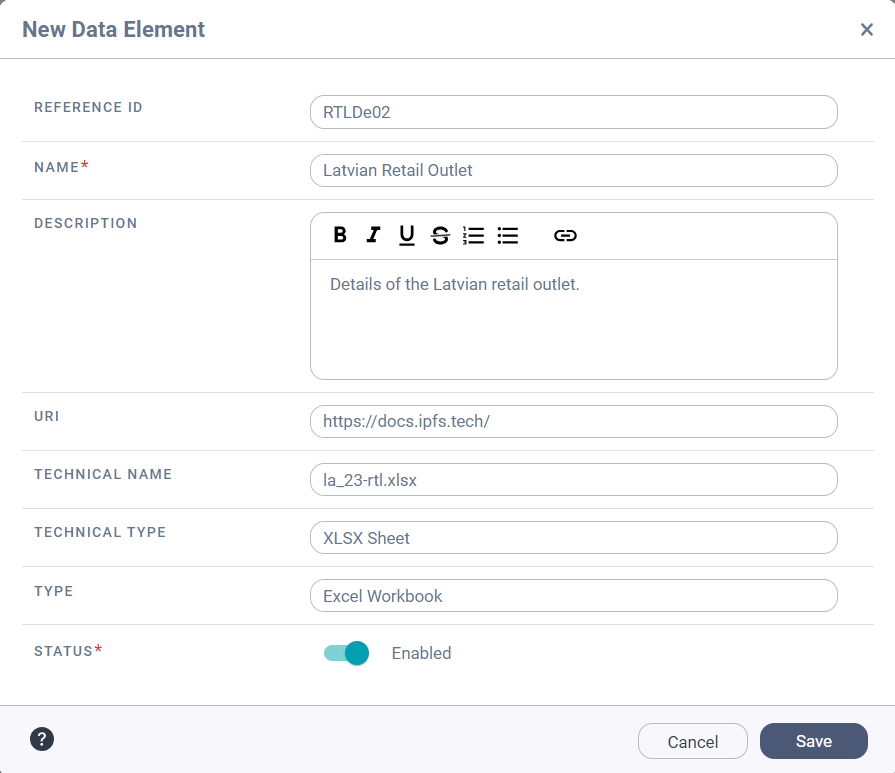 Image depicting the New Data Element dialog box.
