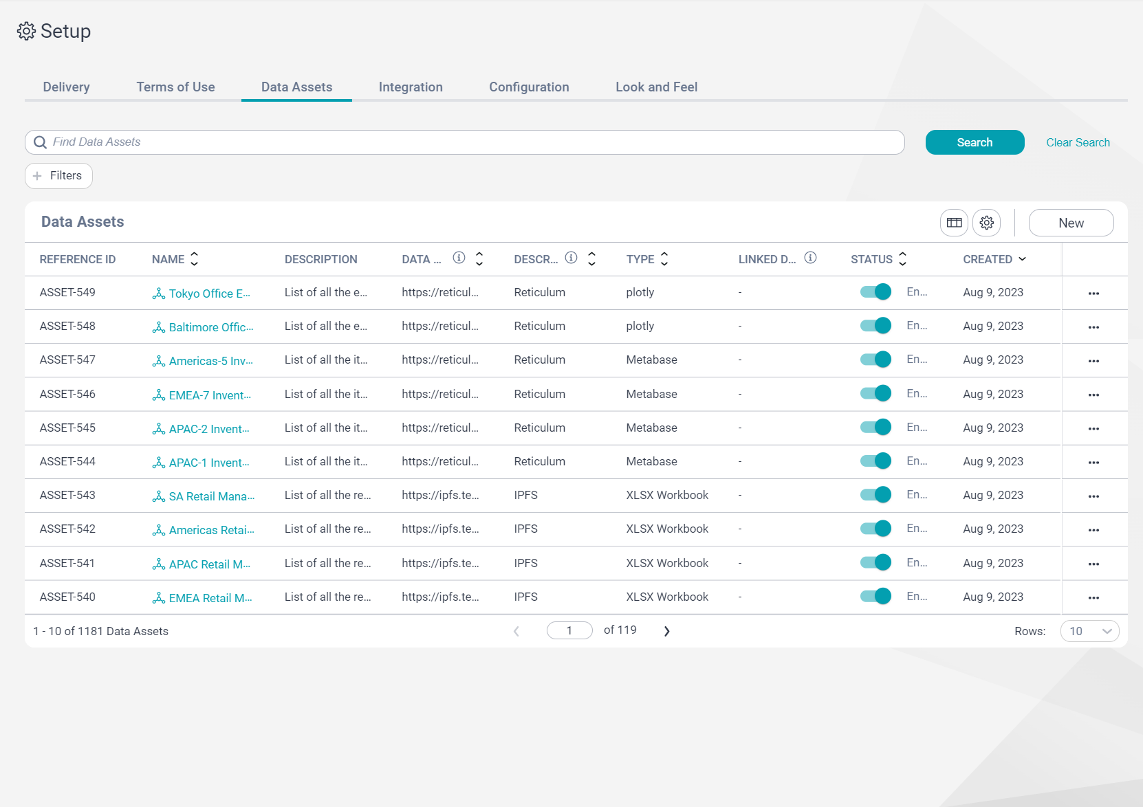 Image depicting the Data Assets tab on the Setup page.