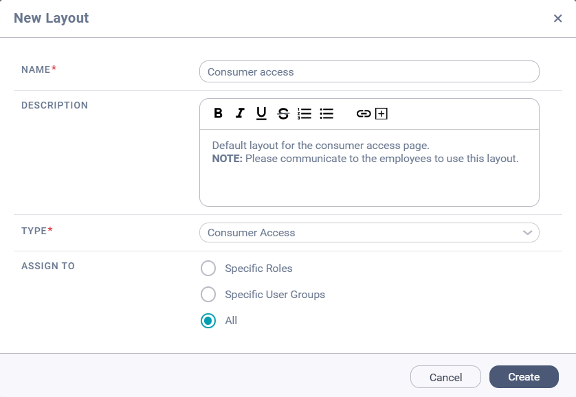 The New Layout dialog box. The fields are populated with values to create a sample layout for a consumer access page that will be accessible to all Data Marketplace users.
