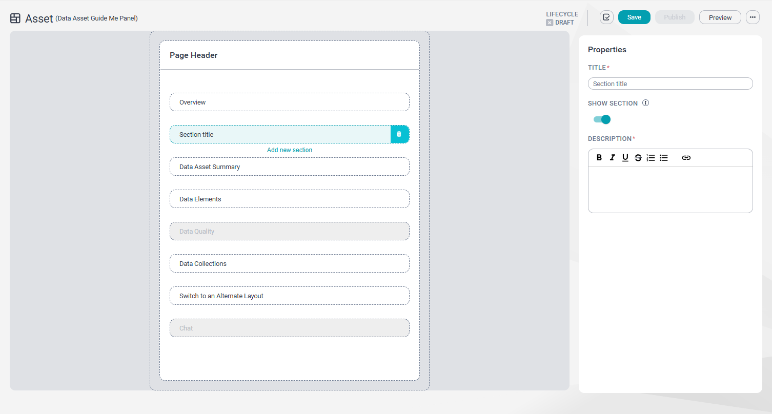 Image depicting a sample Guide Me panel for the data asset page. A custom section is selected. The Data Quality and Chat sections are configured to be hidden.
