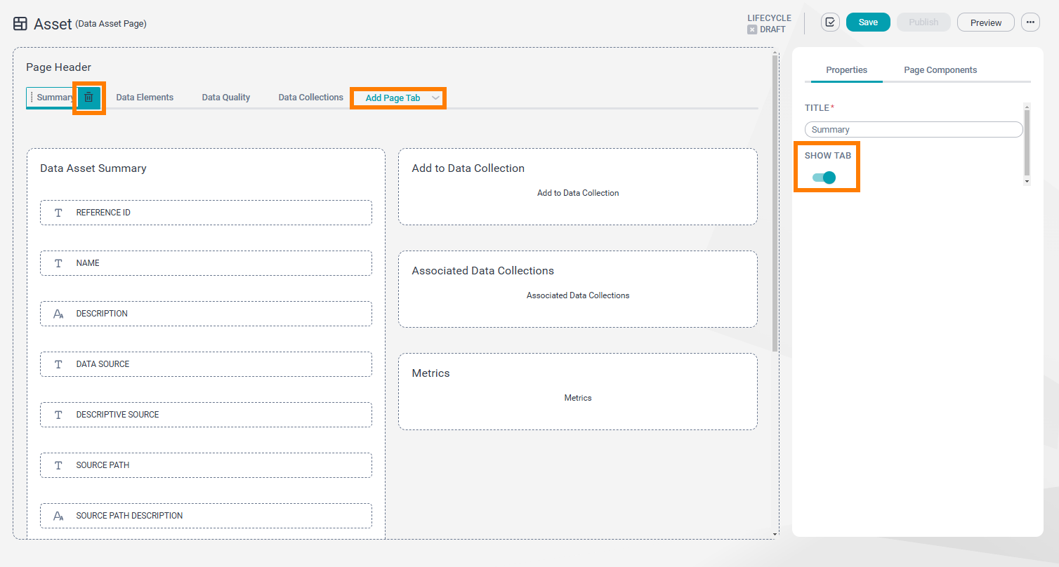 Image depicting a sample page layout for the data asset page. The Summary tab is selected and the delete icon is displayed on it. The Add Page Tab button, Delete icon and Show Tab toggle are highlighted.