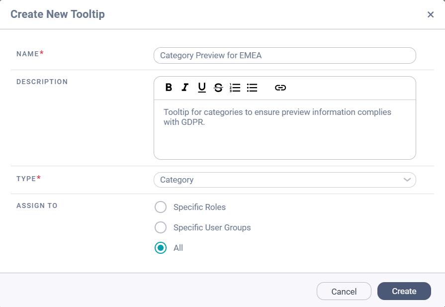 Image depicting the Create New Tooltip dialog box. The fields are populated with values to create a sample tooltip for a category that will be viewable to all Data Marketplace users.