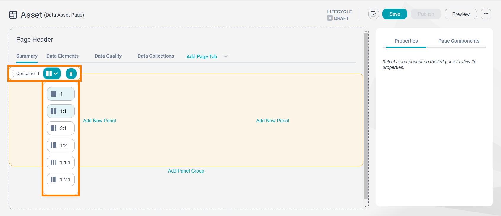 Image depicting a sample page layout for the data asset page. The menu to select a column layout is highlighted.