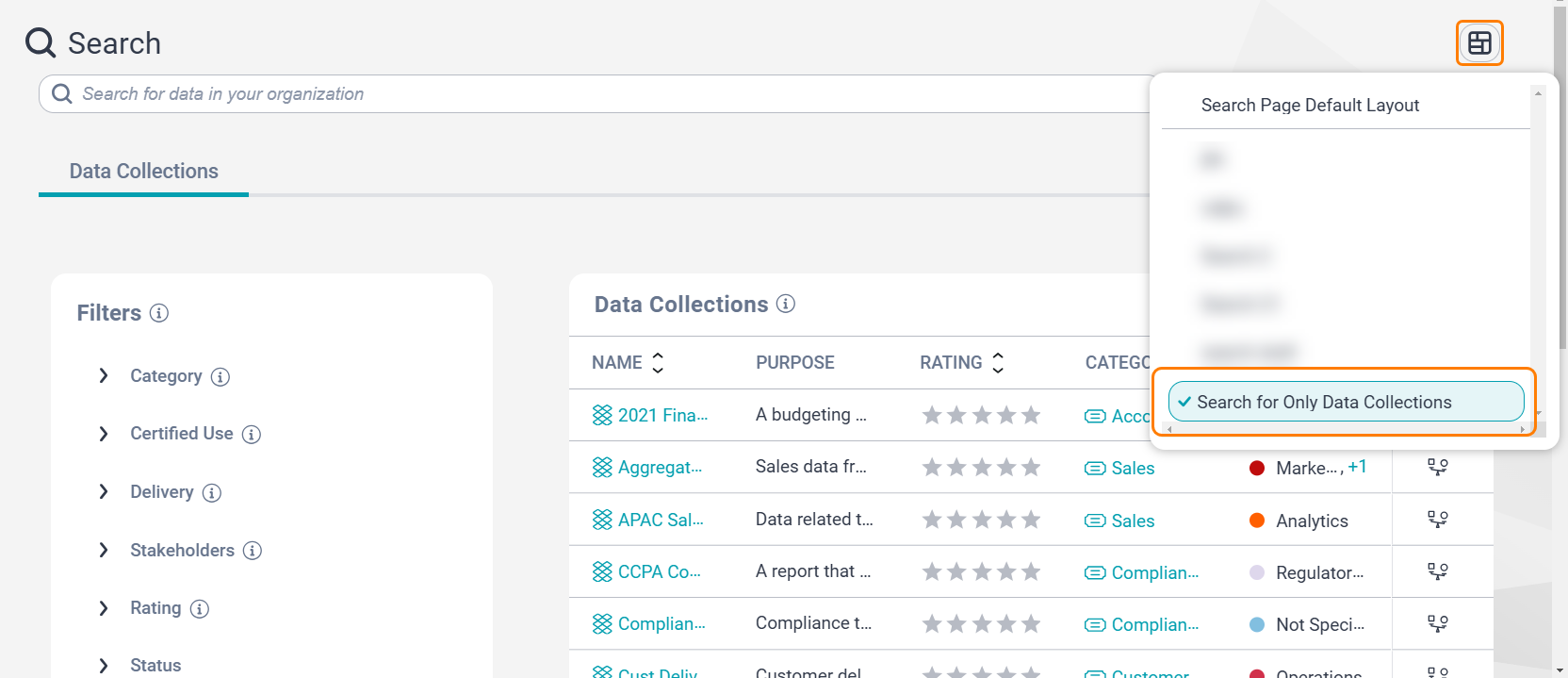 The Switch Layout menu lists various layouts available for the Search page. The Search for Only Data Collections layout is selected. The selected layout displays only the Data Collections tab on the Search page. The Switch Layout button and the Search for Only Data Collections layout menu option are highlighted.