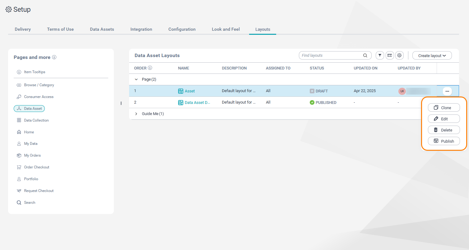 The Layouts tab on the Setup page. A custom page layout for a data asset page is selected. The action menu is expanded. The menu options, Clone, Edit, Delete and Publish are highlighted.