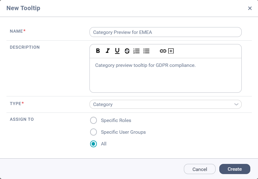 The New Tooltip dialog box. The fields are populated with values to create a sample tooltip for a category that will be viewable to all Data Marketplace users.