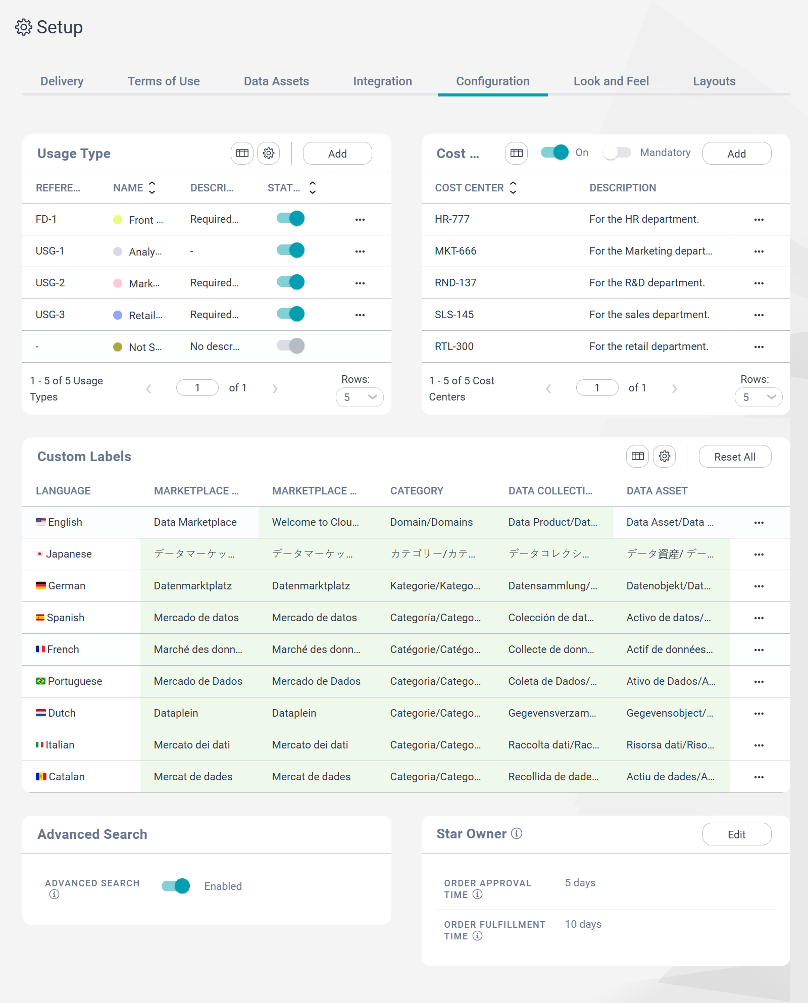 The Configuration tab on the Search page displays the Custom Labels panel.