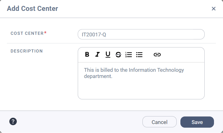 Image depicting the New Cost Center dialog box.