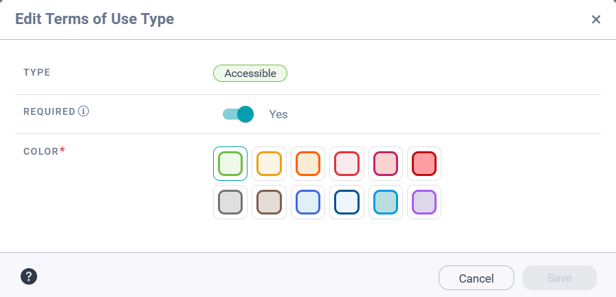 The Edit Terms of Use Type dialog box for the 'Accessible' terms of use type. The Required option is toggled on and the color green is selected.