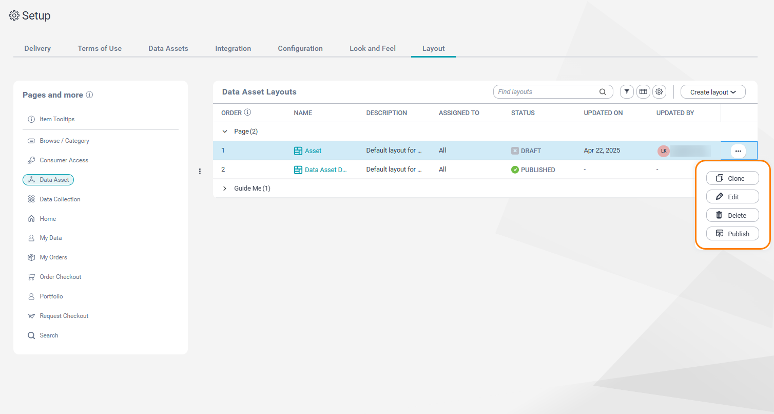 Image depicting the Layout tab on the Setup page. A custom page layout for a data asset page is selected. The action menu is expanded. The menu options, Clone, Edit, Delete and Publish are highlighted.