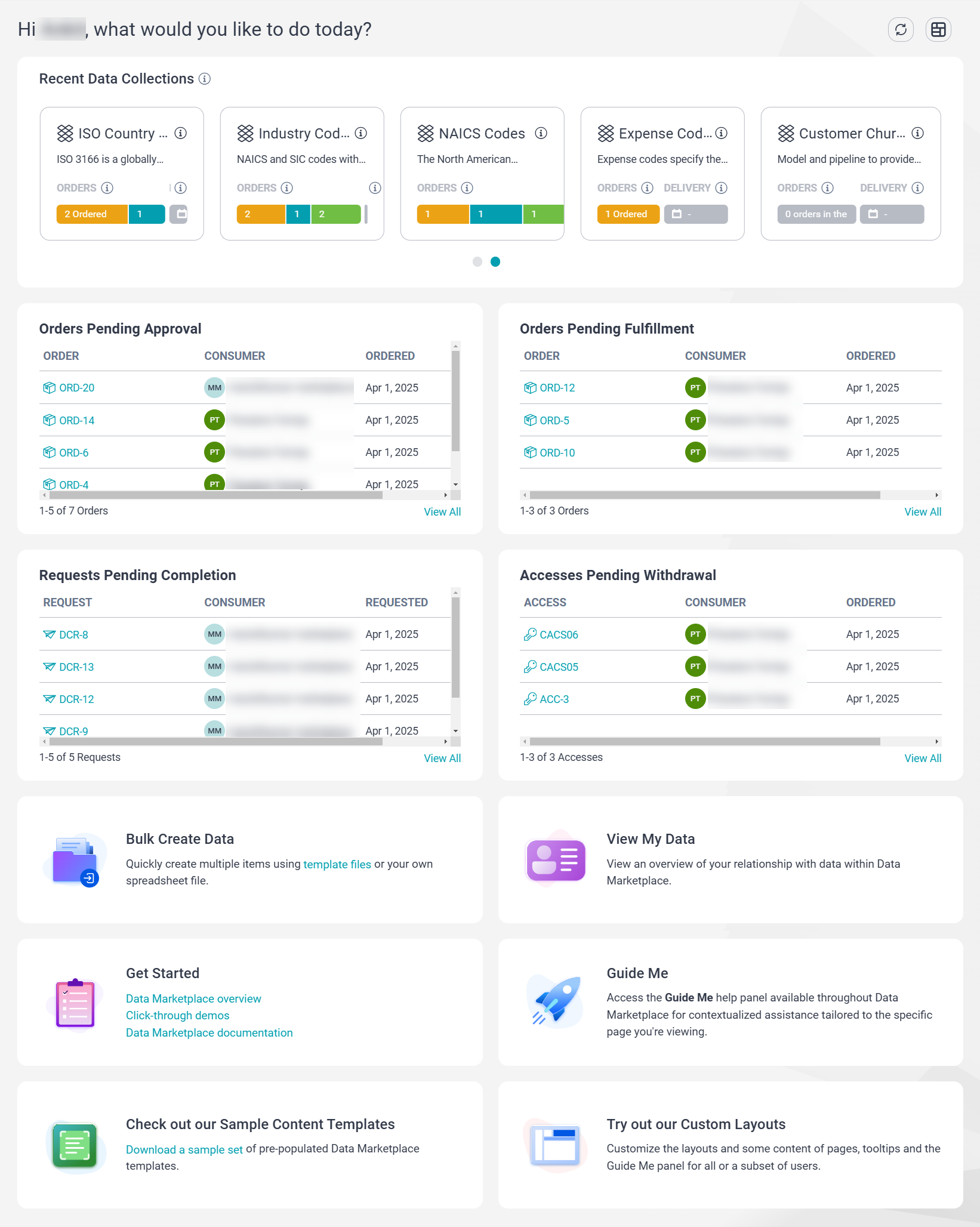 Image depicting the personalized view of the Home page for a Data Marketplace Administrator.