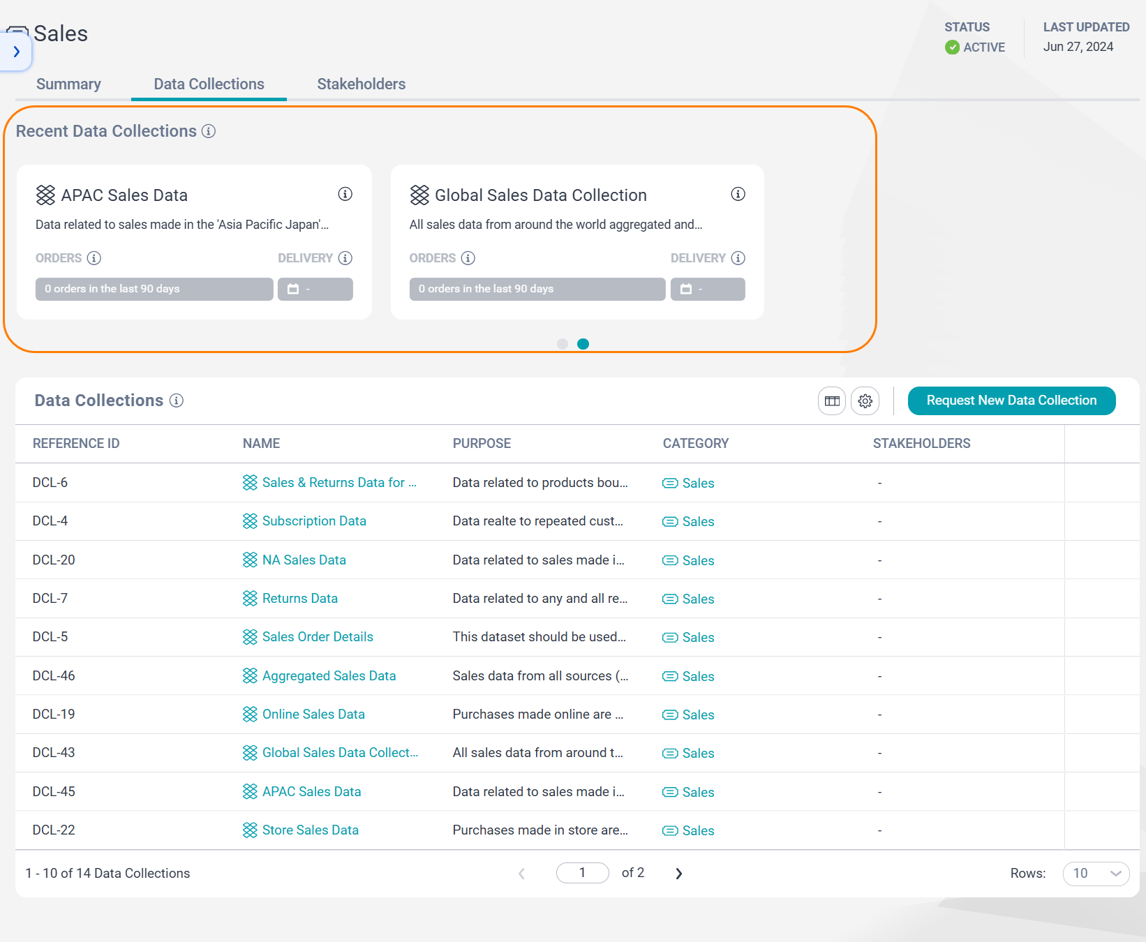 Image depicting the Data Collections tab of a category page. The most recently created data collections are highlighted.