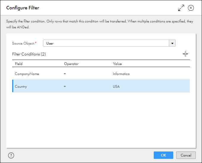 The Configure Filter dialog box shows two filters configured for the source object "User": CompanyName = 'Informatica' and "Country = 'USA'