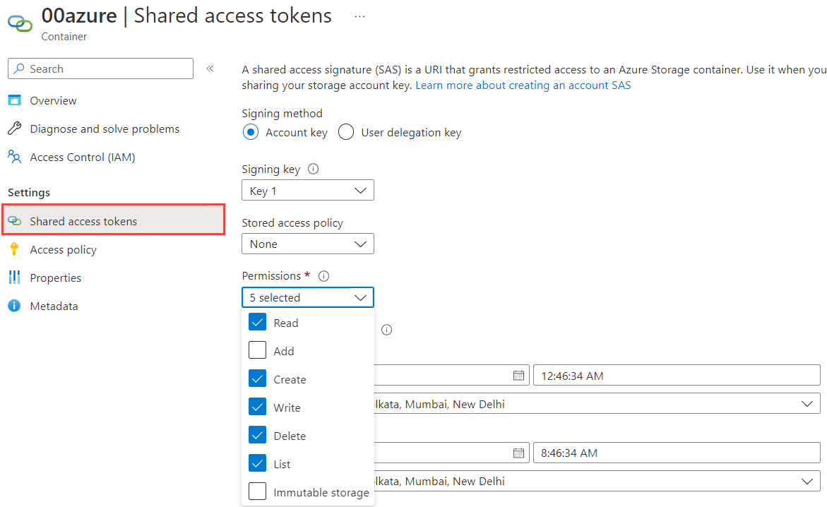 The image shows the minimum permissions required for shared access signature authentication.