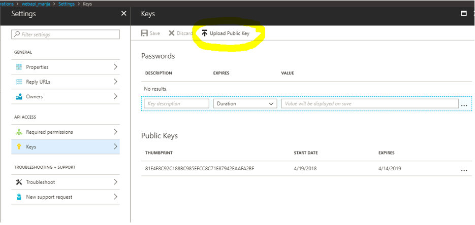 Upload the certificate or public key under a new Web application.