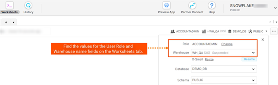 The values for the User Role and Warehouse name fields are available on the Worksheet tab.