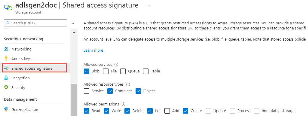 The image shows the minimum permissions required for shared access signature authentication. Select read, write, delete, list, and create permissions.