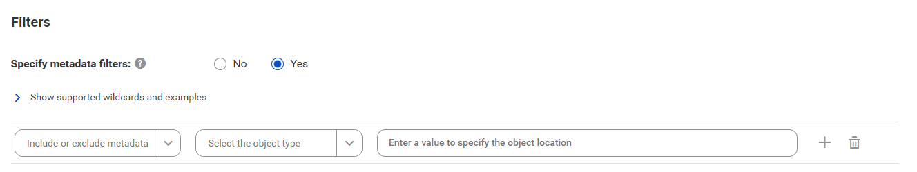 The image shows the Filters area for the Google BigQuery SQL Script catalog source. You can choose to include or exclude metadata and enter a value to specify the object location.