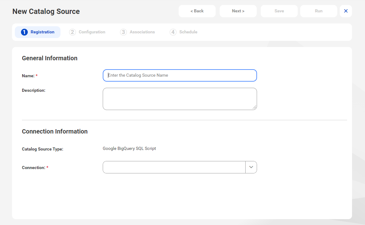The image shows the New Catalog Source page with the Google BigQuery SQL Script catalog source type selected.