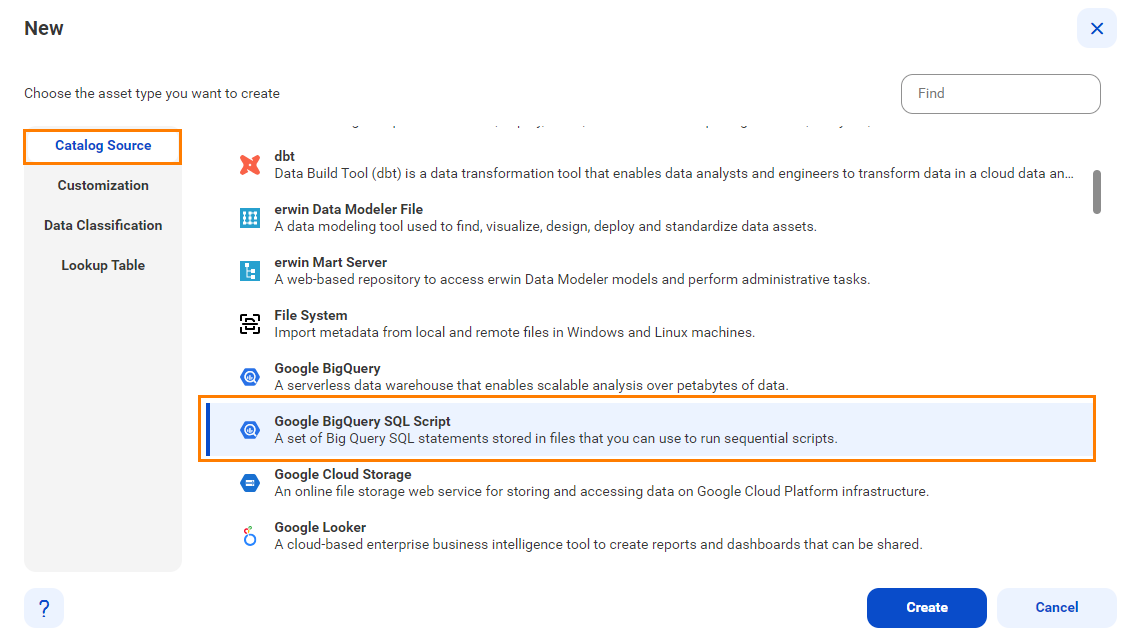 The image shows the list of catalog sources with the Google BigQuery SQL Script catalog source selected and an option to create a new catalog source.
