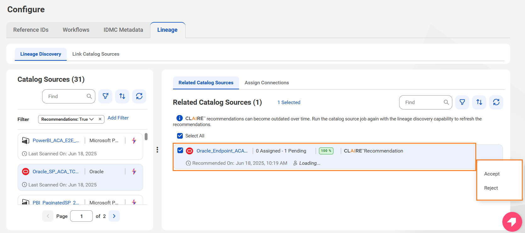 Image of the Related Catalog Sources tab highlighted with the options to accept and reject a CLAIRE recommendation.