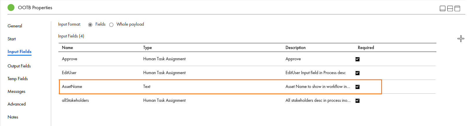 The Input Fields tab of the Start step with an AssetName input field of Text type highlighted.