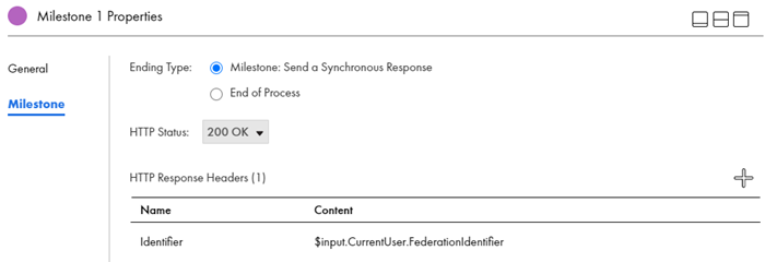 The Milestone 1 Properties panel with the Ending Type set to Milestone: Send a Synchronous Response, HTTP Status, and a HTTP response header.