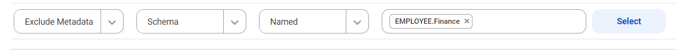 The image shows a profile filter condition that does not run profiles on the metadata extracted from the Finance table located in the Employee schema of an Oracle source systems.