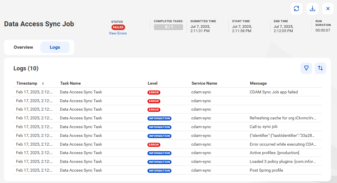 A job logs page. The columns include Timestamp, Task Name, Level, Service Name, and Message.