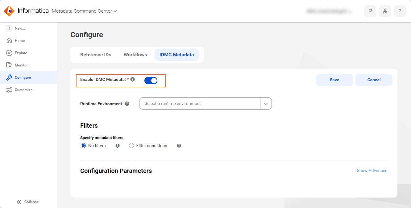 The image shows the IDMC Metadata tab with the IDMC metadata option enabled and configuration fields shown.