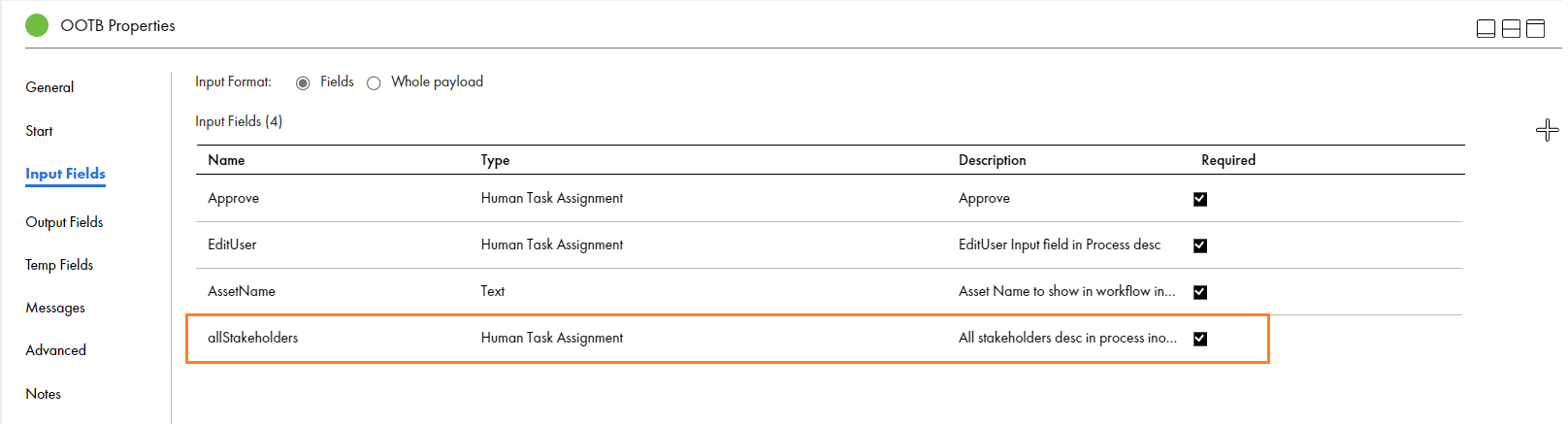 The Input Fields tab of the Start step with an allStakeholders input field of Human Task Assignment type highlighted.