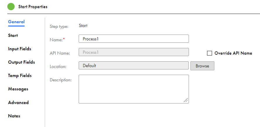 The General tab of the Process1 Properties panel.