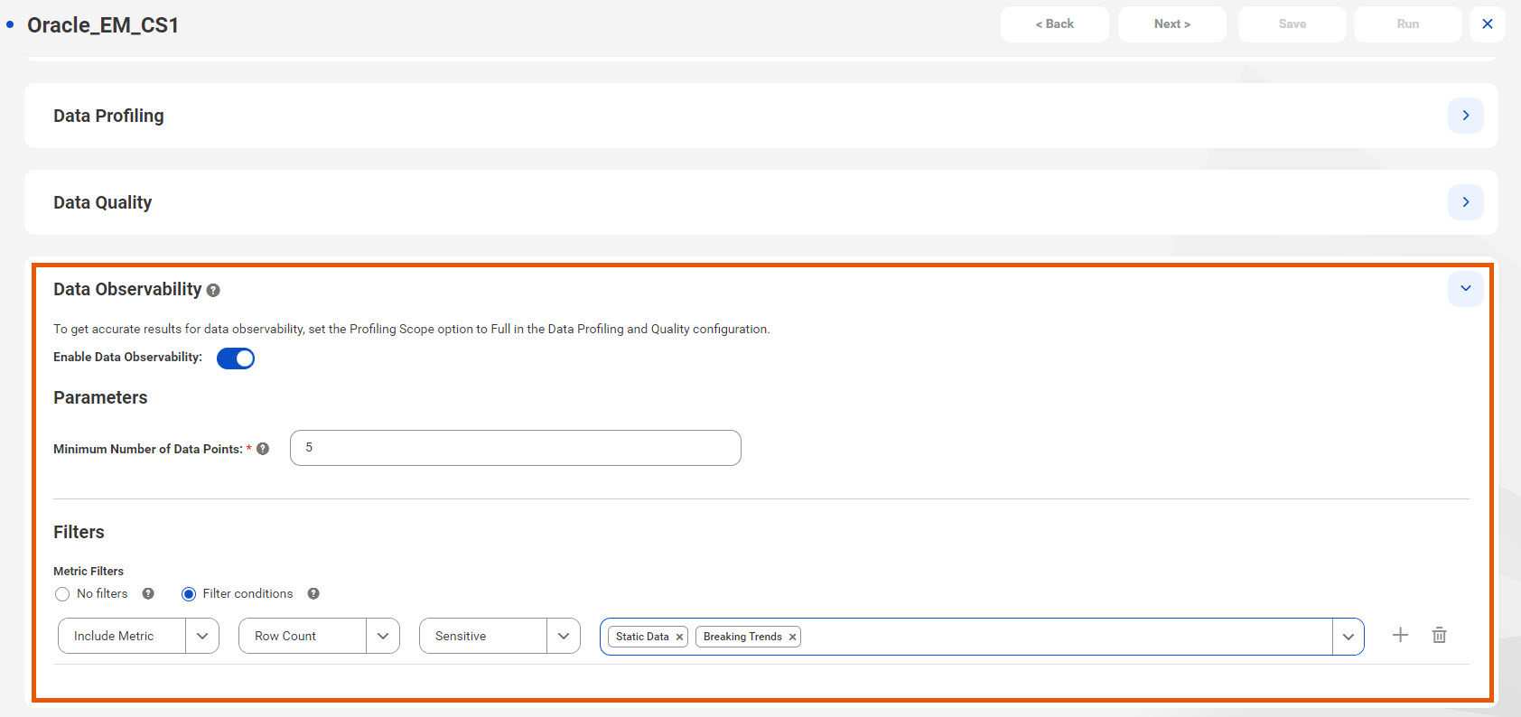 The image shows the data observability configurations for a catalog source.