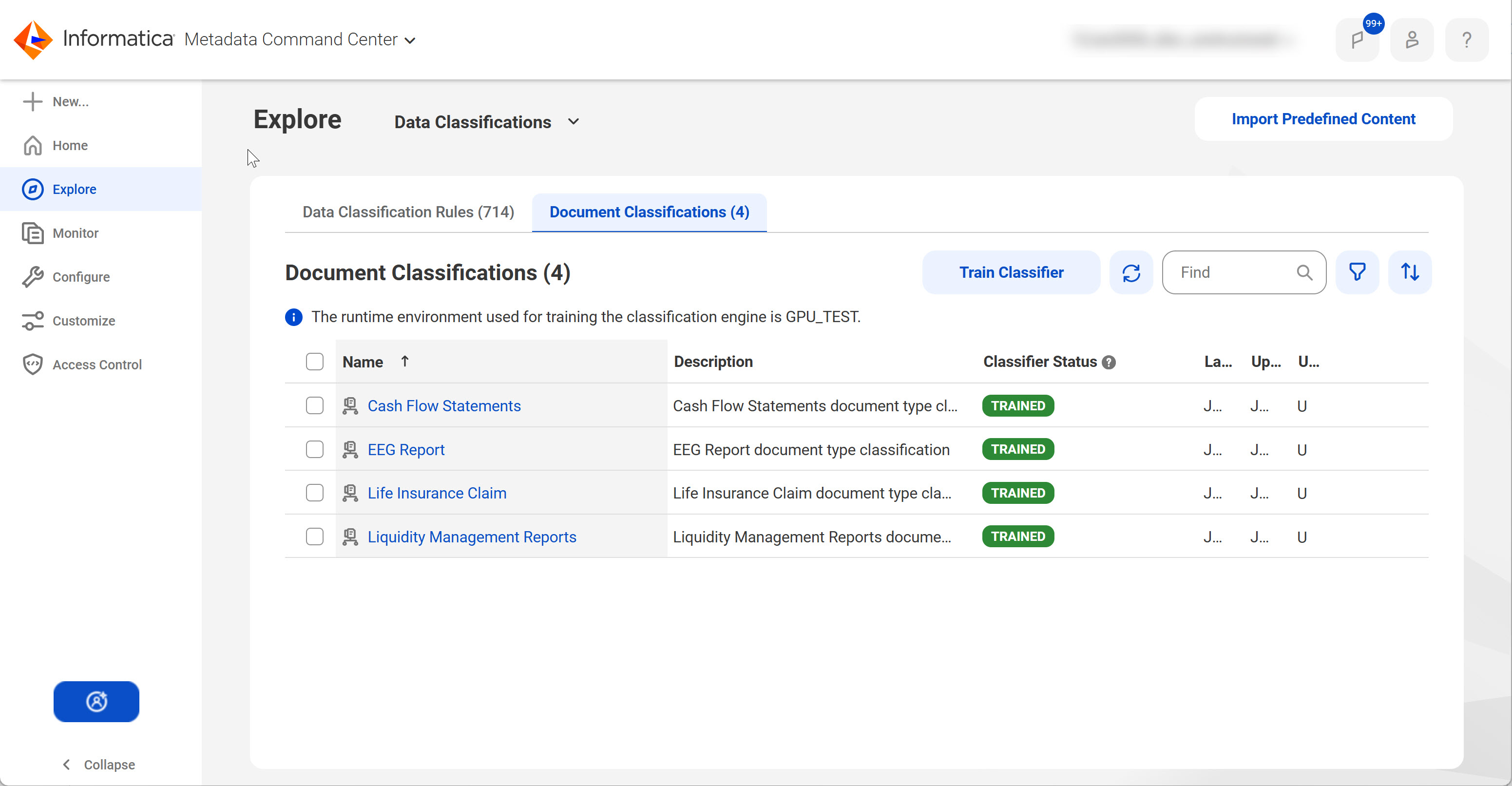 The Document Classifications tab on the Explore page displaying a table with document classifications, each with the classifier status. The interface also displays the Train Classifier button.