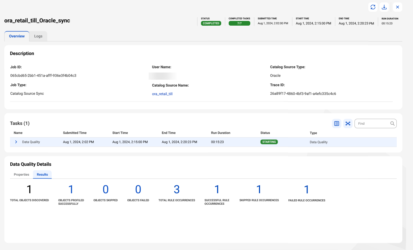 The job overview page for a data quality task.