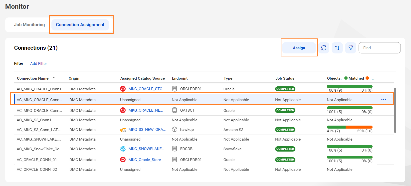 The image shows an unassigned IDMC Metadata connection and an Assign button.