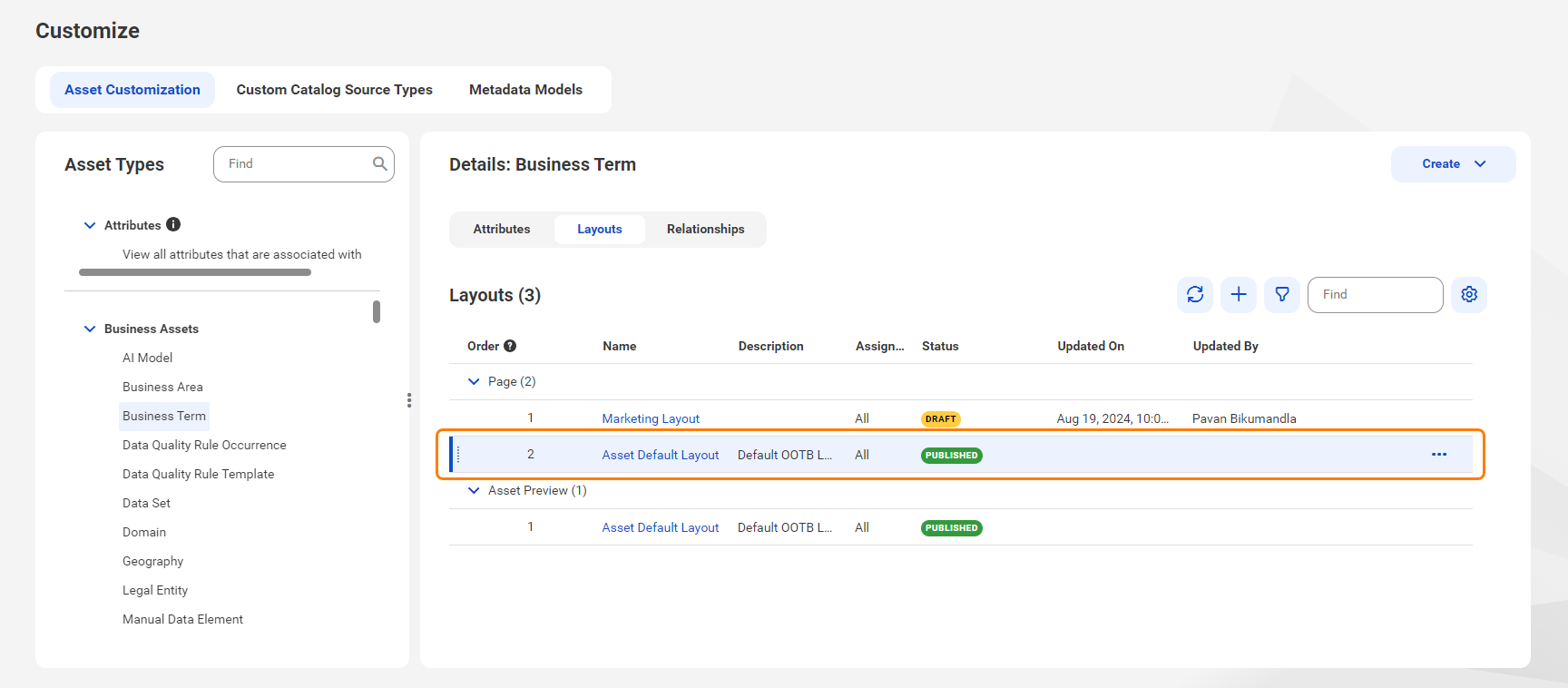 Image depicting the default asset page layout for the Business Term asset type.