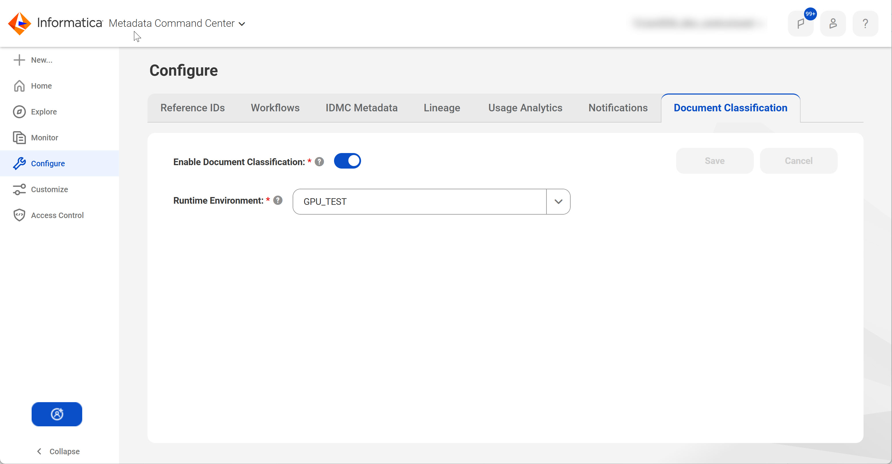The Document Classification tab on the Configure page displays the Enable Document Classification toggle and the Runtime Environment menu.