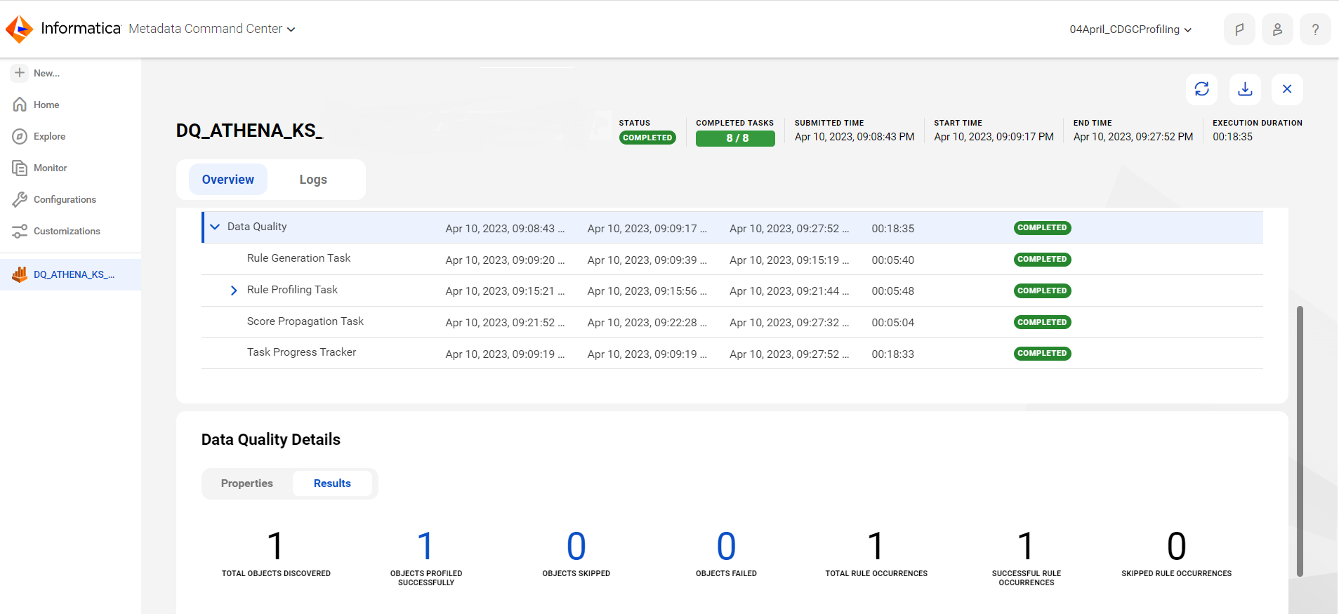 Image of the job overview page for a data quality task.