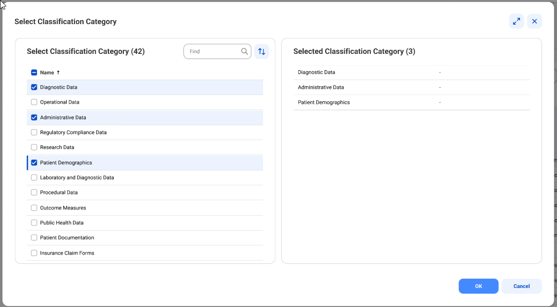 The Select Classification Category dialog box. The selection box lets you add multiple classification categories.