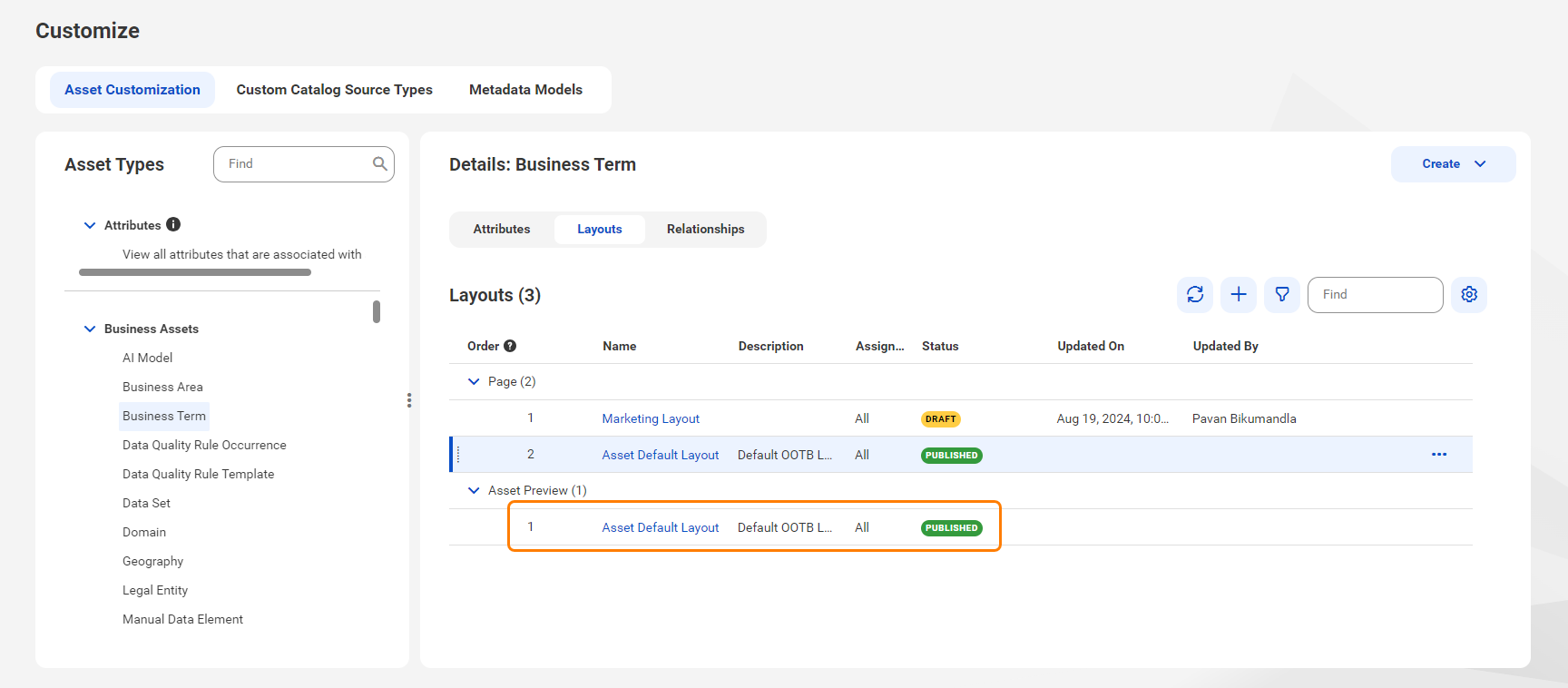 Image depicting the default preview pane layout for the Business Term asset type.