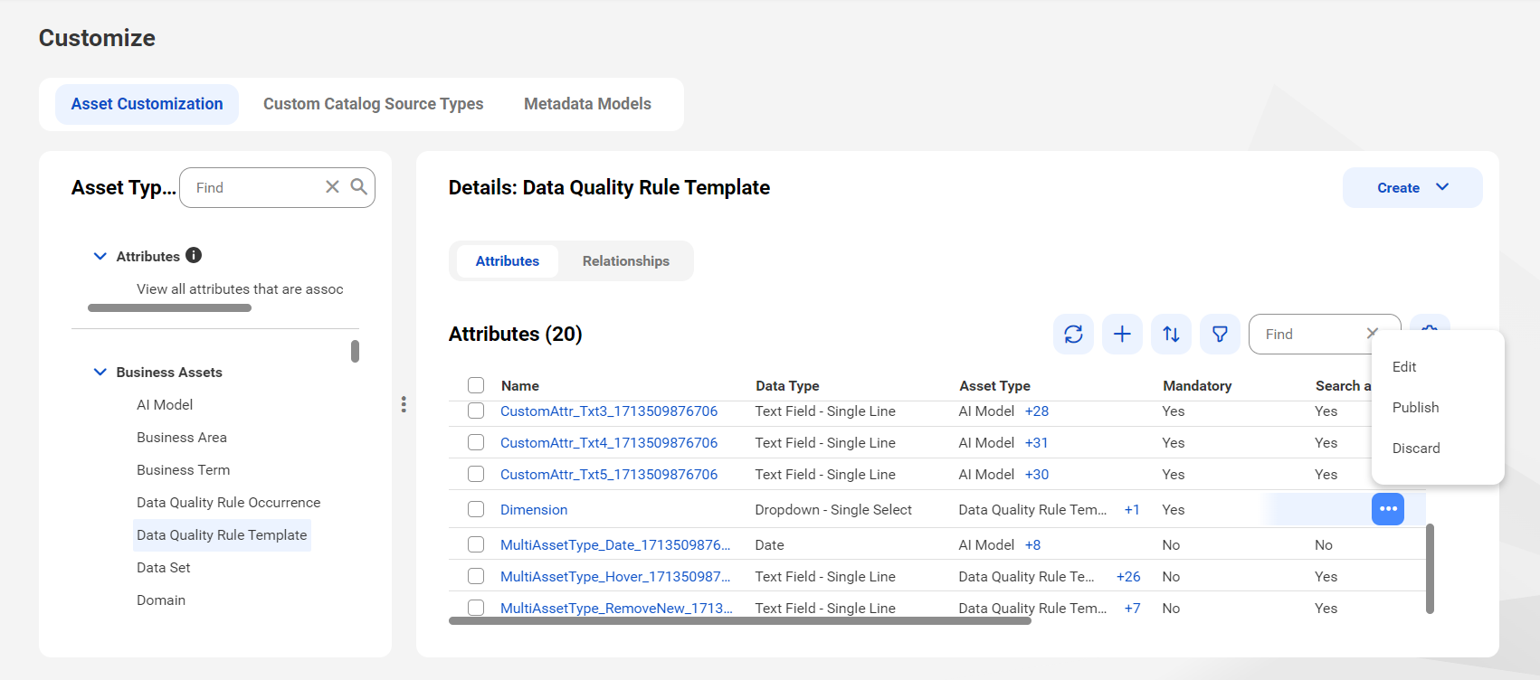 Image depicting the Asset Customization tab on the Customize page. The Attributes tab for the Data Quality Rule Template asset type is open.