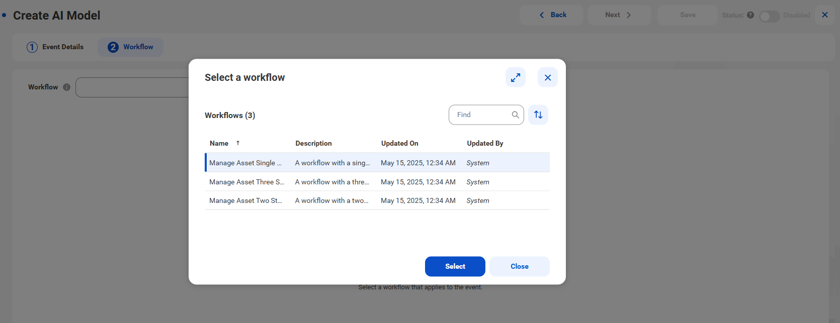 The Select a Process dialog box with a process selected and a Select button.
