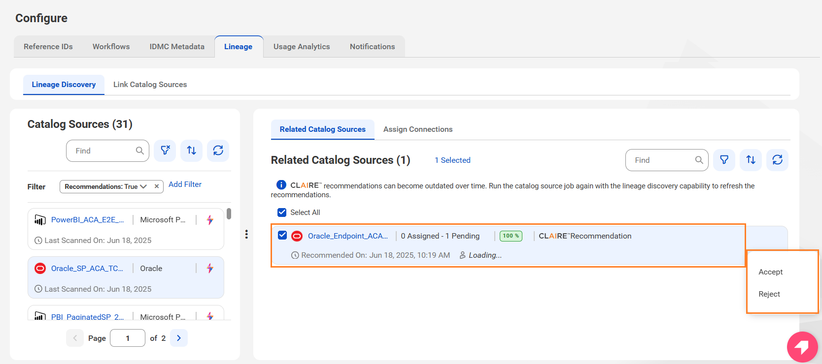 Image of the Related Catalog Sources tab highlighted with the options to accept and reject a CLAIRE recommendation.