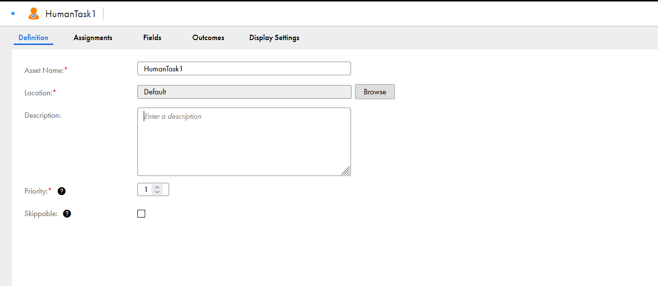 A Human Task with the Definition tab selected. The Human Task contains Definition, Assignments, Fields, Outcomes, and Display Settings tabs.