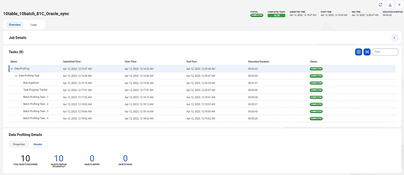 The image shows the the job overview page with data profiling tasks and sub tasks.