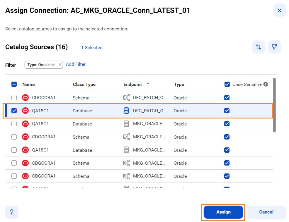 The image shows an Oracle endpoint object of Database class type and an Assign button.