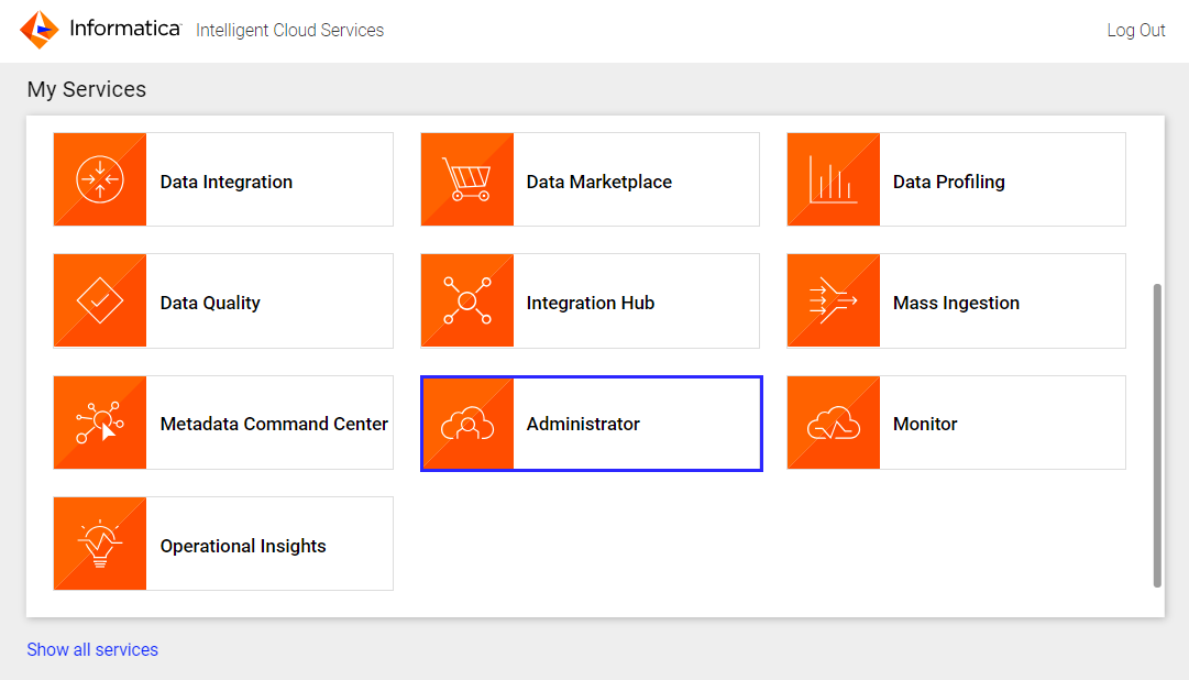 The My Services page with Administrator selected.