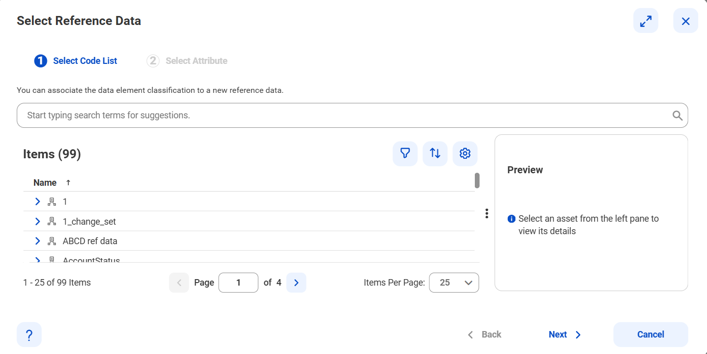The Select Reference Data page shows the Items section with code lists displayed. The page also includes Name, navigation options for expanding or collapsing code lists, and configurable actions. The Preview pane displays a message for selecting an asset to view details.