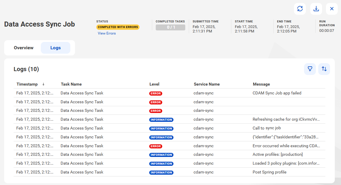 The image shows the Logs page of the overview page of a data access pushdown synchronization job. A long list of logs appears. Columns include Timestamp, Task Name, Level, Service Name, and Message.